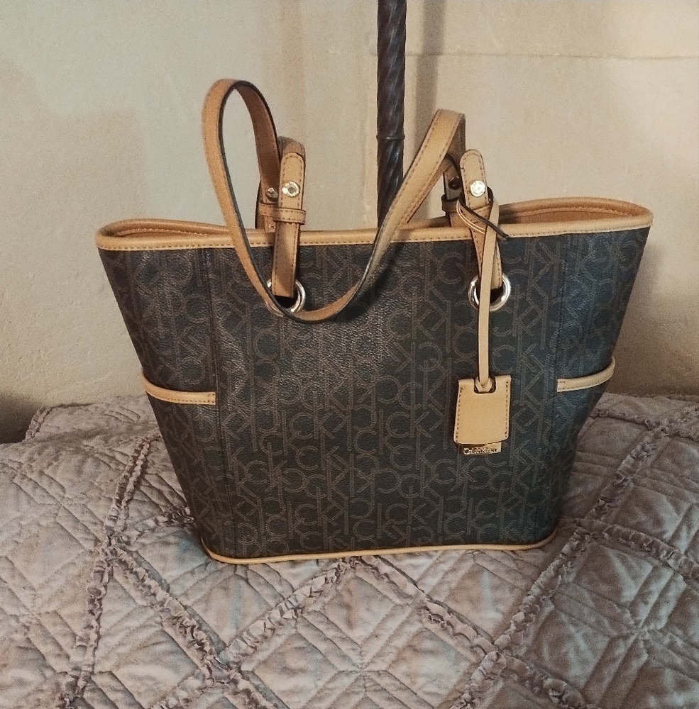 NWOT Calvin Klein Brown Leather Trim Tote Bag